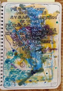 2023 - Vzpomínka na L. G. Byrona, akryl, pero, tužka a razítka, 20 x 15 cm